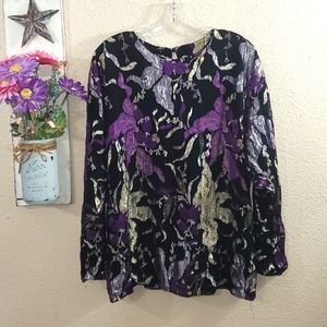 Vintage L Rothschild purple black floral watercolor blouse size large